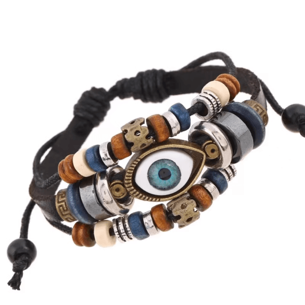 Unisex Vintage Leather Bracelet with Evil Eye Charm