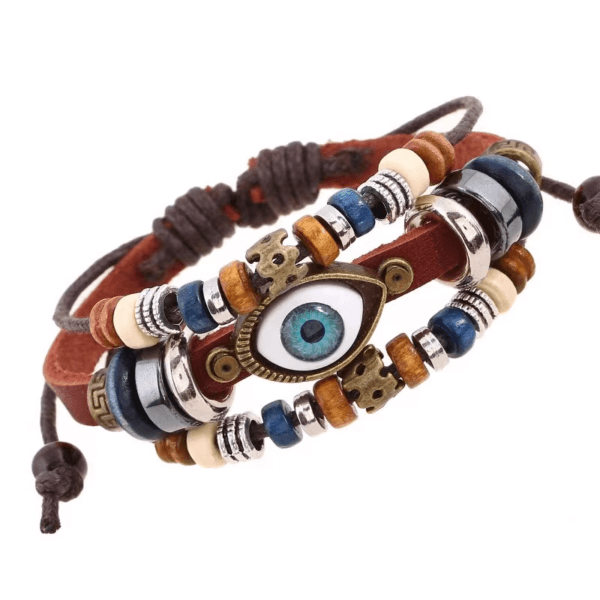 Unisex Vintage Leather Bracelet with Evil Eye Charm - Image 2
