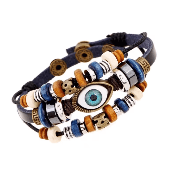 Unisex Vintage Leather Bracelet with Evil Eye Charm - Image 4