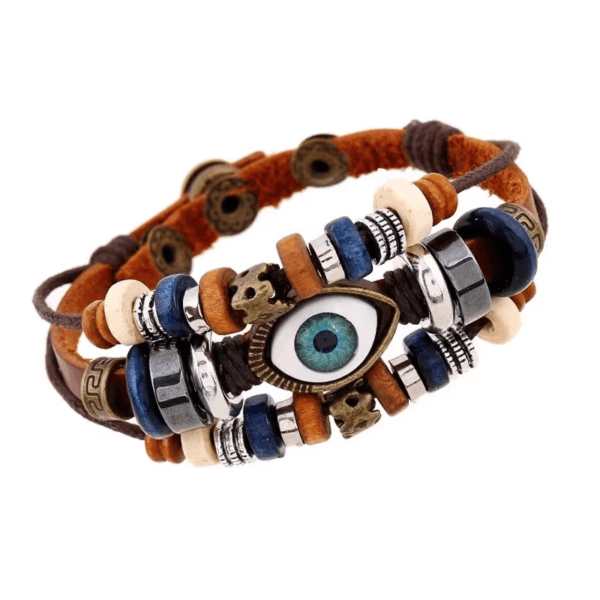 Unisex Vintage Leather Bracelet with Evil Eye Charm - Image 5